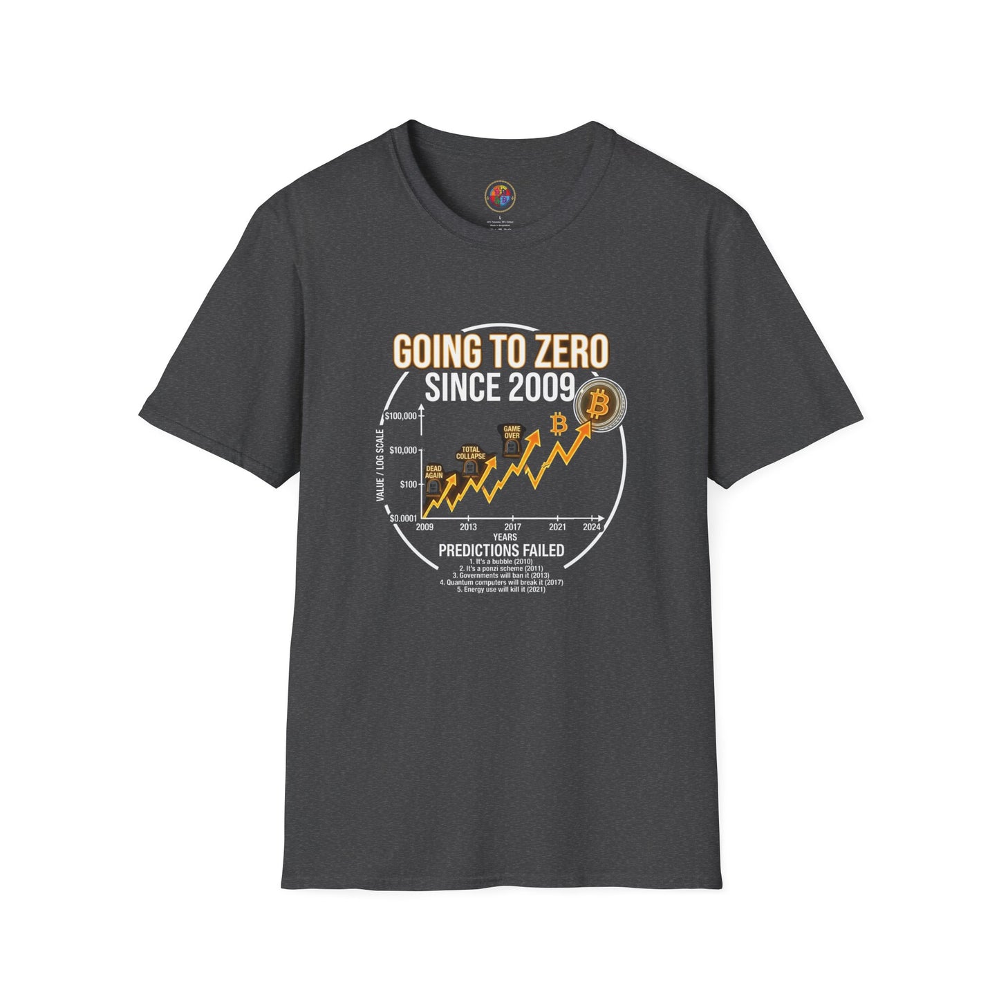 Bitcoin Price Chart T-Shirt — "Going to Zero Since 2009" Crypto Humor Tee