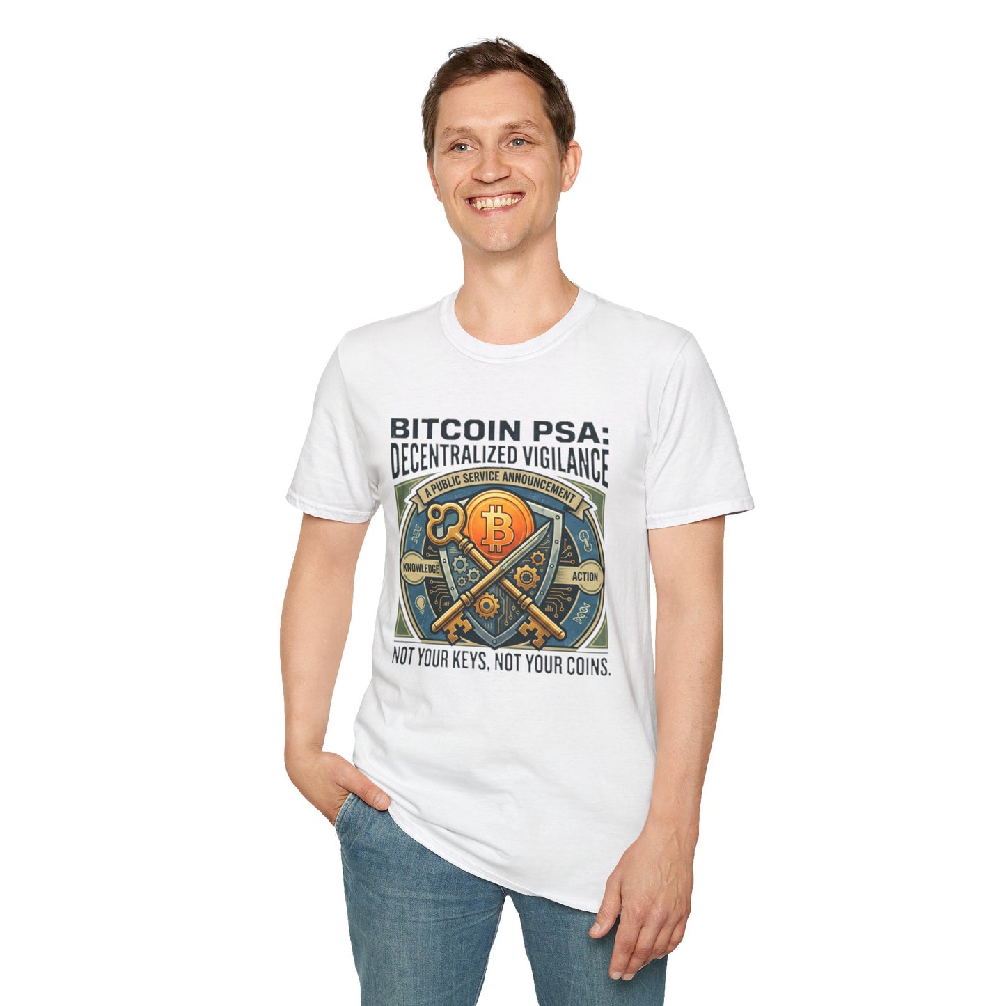 Bitcoin PSA T-Shirt — "Decentralized Vigilance: Not Your Keys, Not Your Coins"