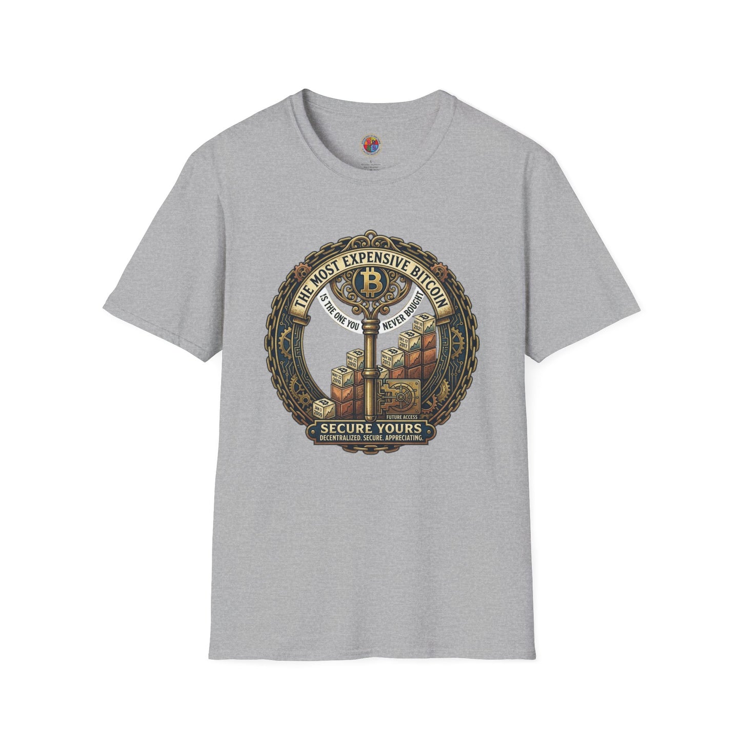 Bitcoin Vintage Key & Vault T-Shirt — "Secure Yours" Cryptocurrency Graphic Tee