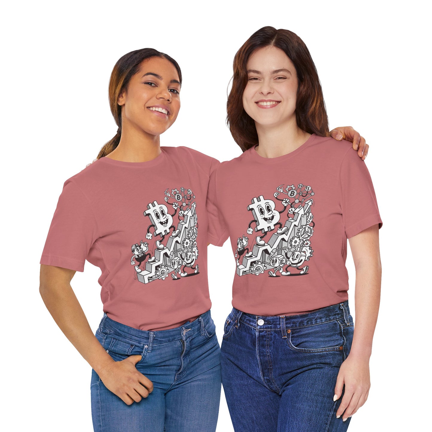 Bitcoin Growth Cartoon Tee — Crypto Stairs Illustration T-Shirt