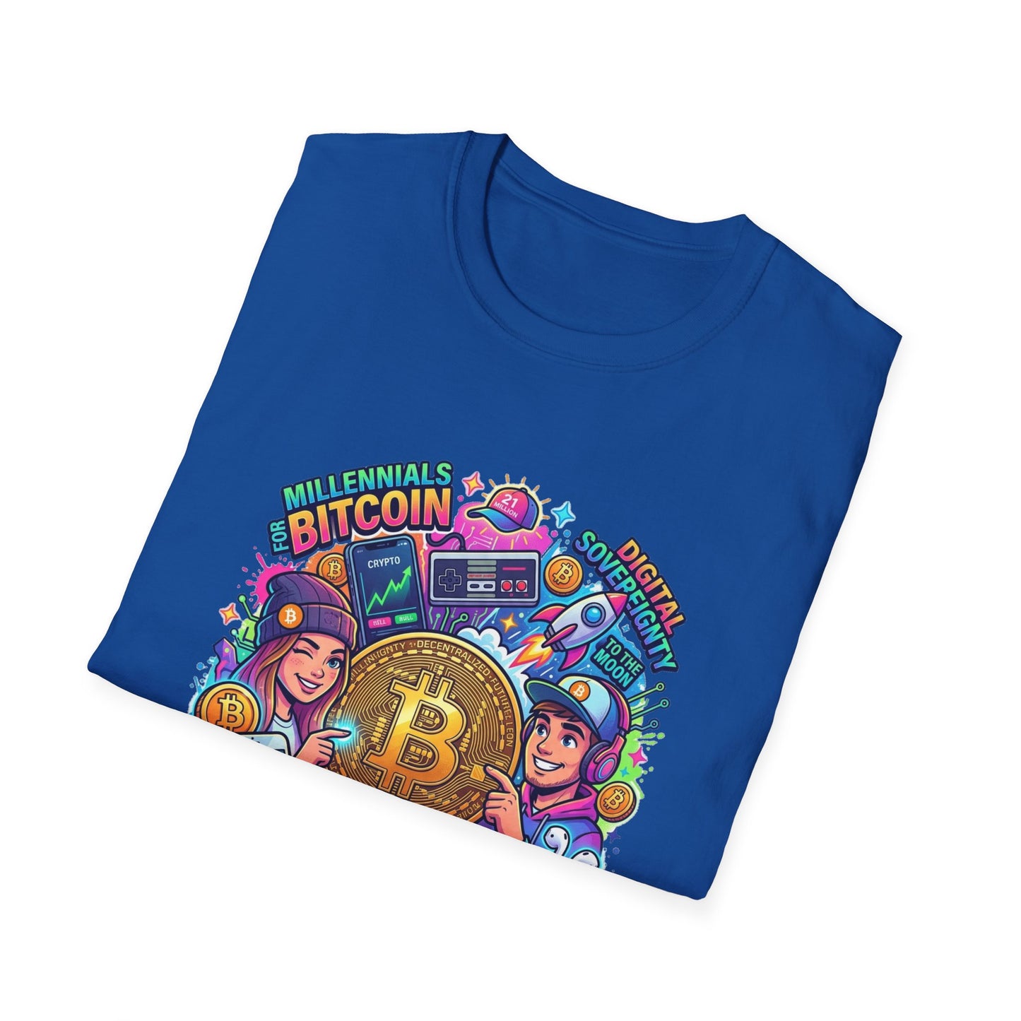 Bitcoin Millennial Crypto Crew T‑Shirt — Colorful Crypto Mining Graphic Tee