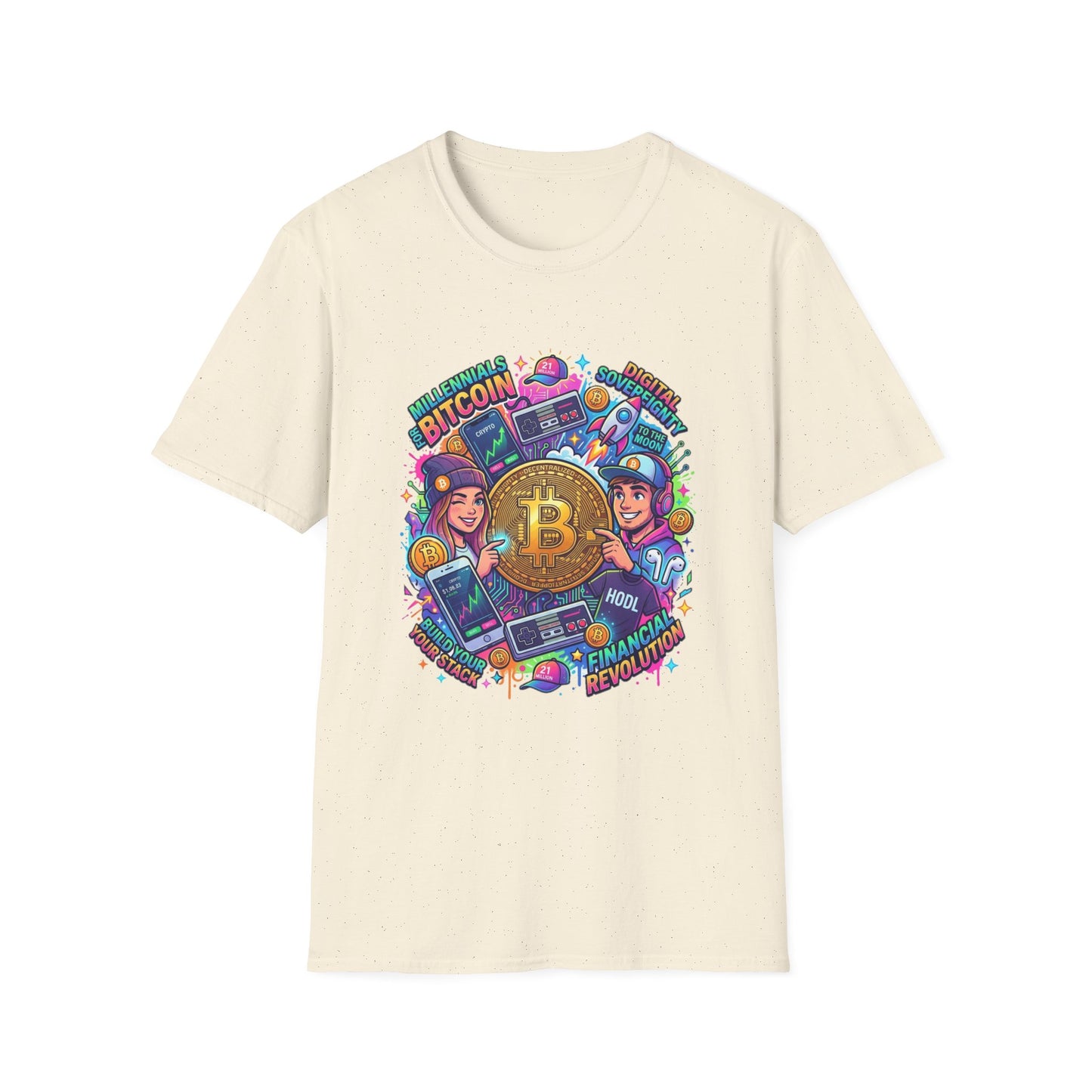 Bitcoin Millennial Crypto Crew T‑Shirt — Colorful Crypto Mining Graphic Tee