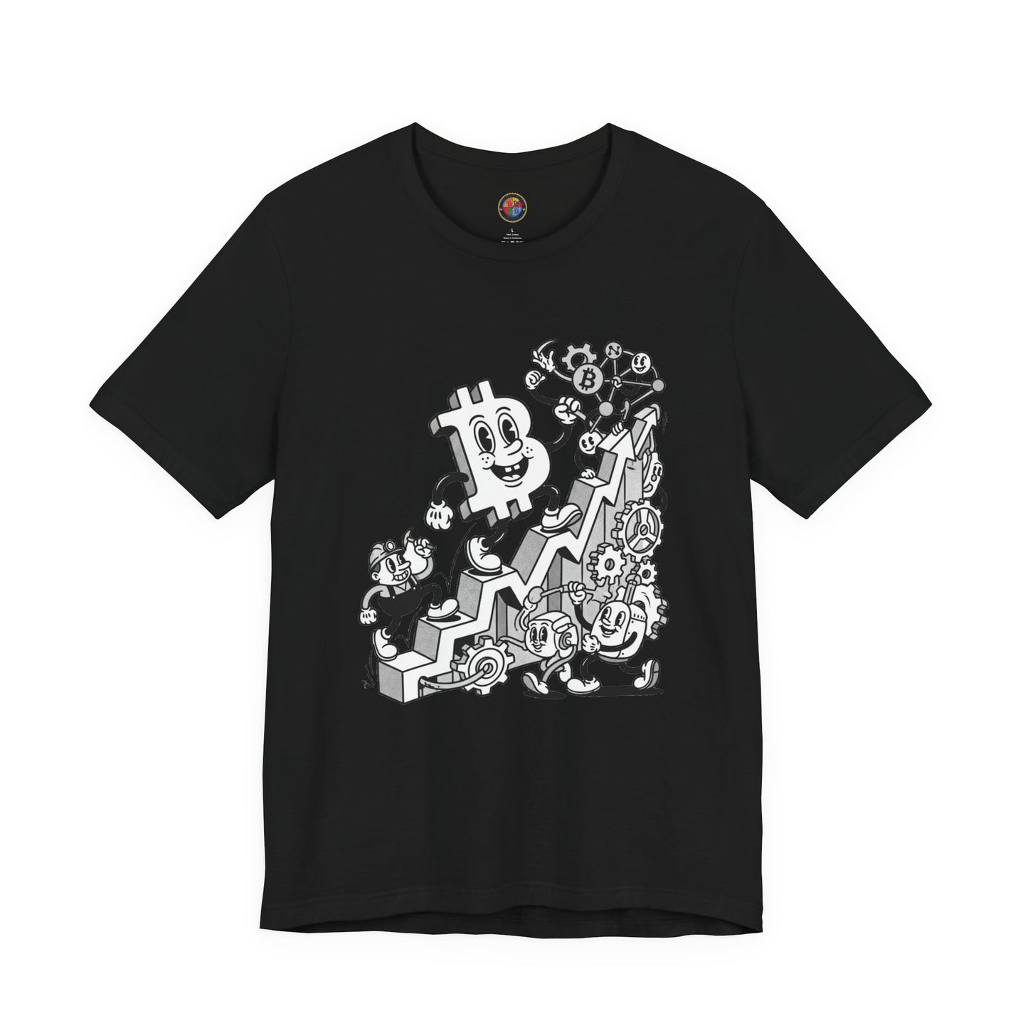 Bitcoin Growth Cartoon Tee — Crypto Stairs Illustration T-Shirt