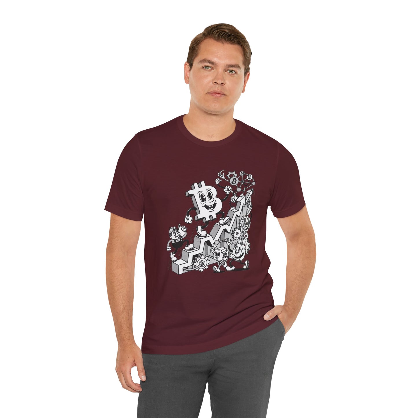 Bitcoin Growth Cartoon Tee — Crypto Stairs Illustration T-Shirt