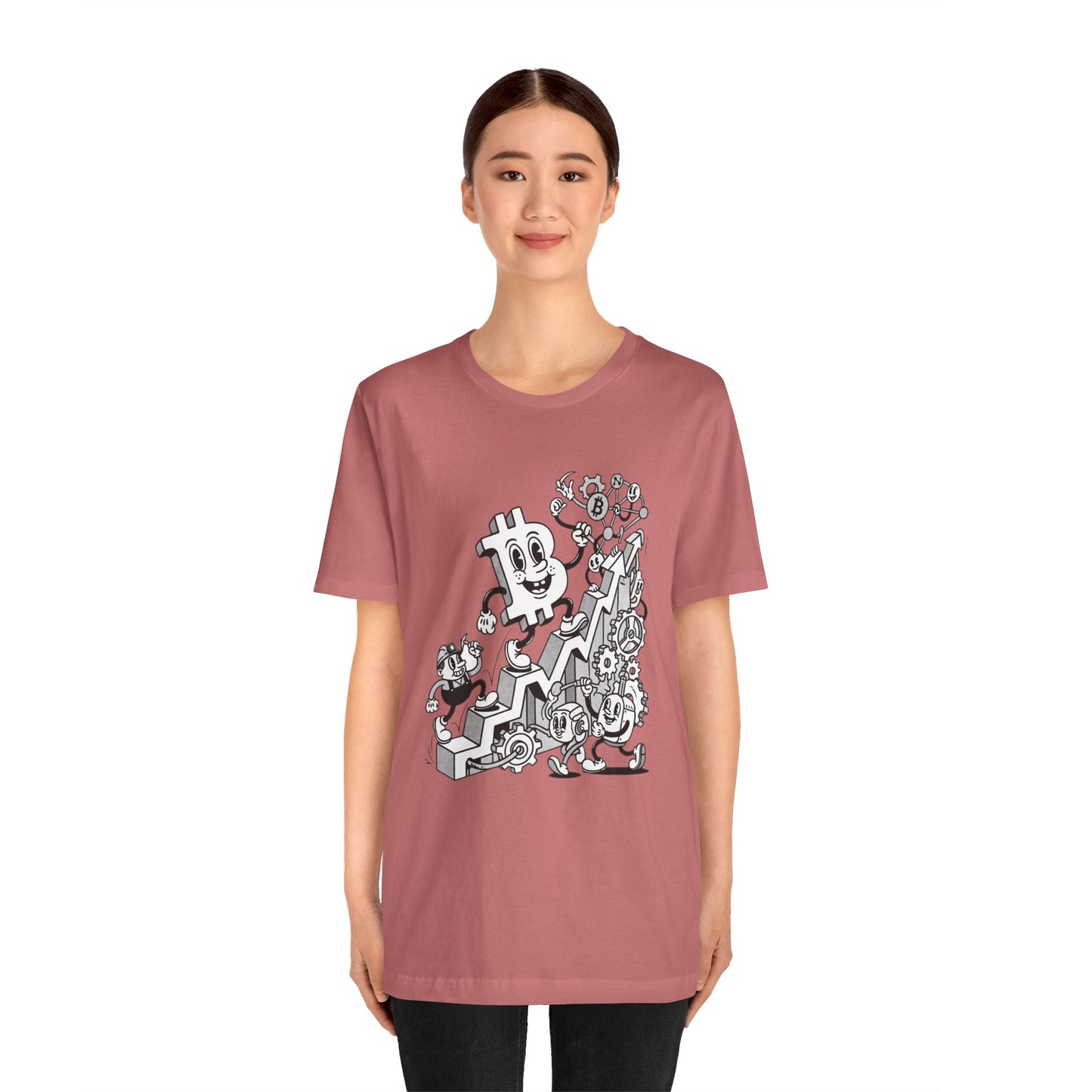 Bitcoin Growth Cartoon Tee — Crypto Stairs Illustration T-Shirt