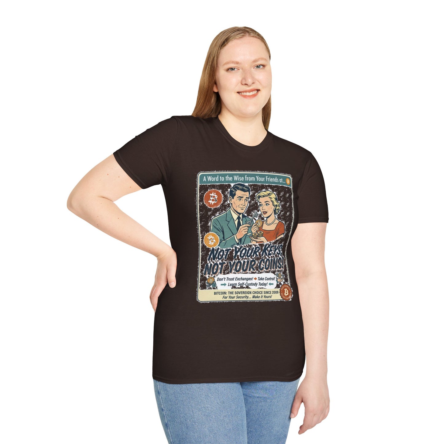 Bitcoin Retro Safety Tee — "Not Your Keys, Not Your Coins!"
