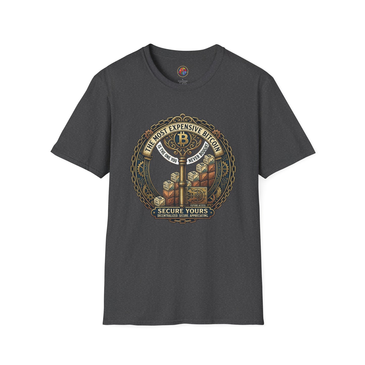 Bitcoin Vintage Key & Vault T-Shirt — "Secure Yours" Cryptocurrency Graphic Tee
