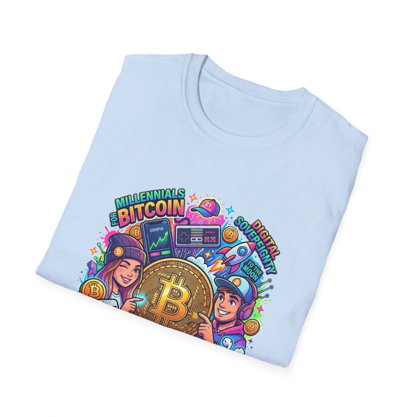 Bitcoin Millennial Crypto Crew T‑Shirt — Colorful Crypto Mining Graphic Tee