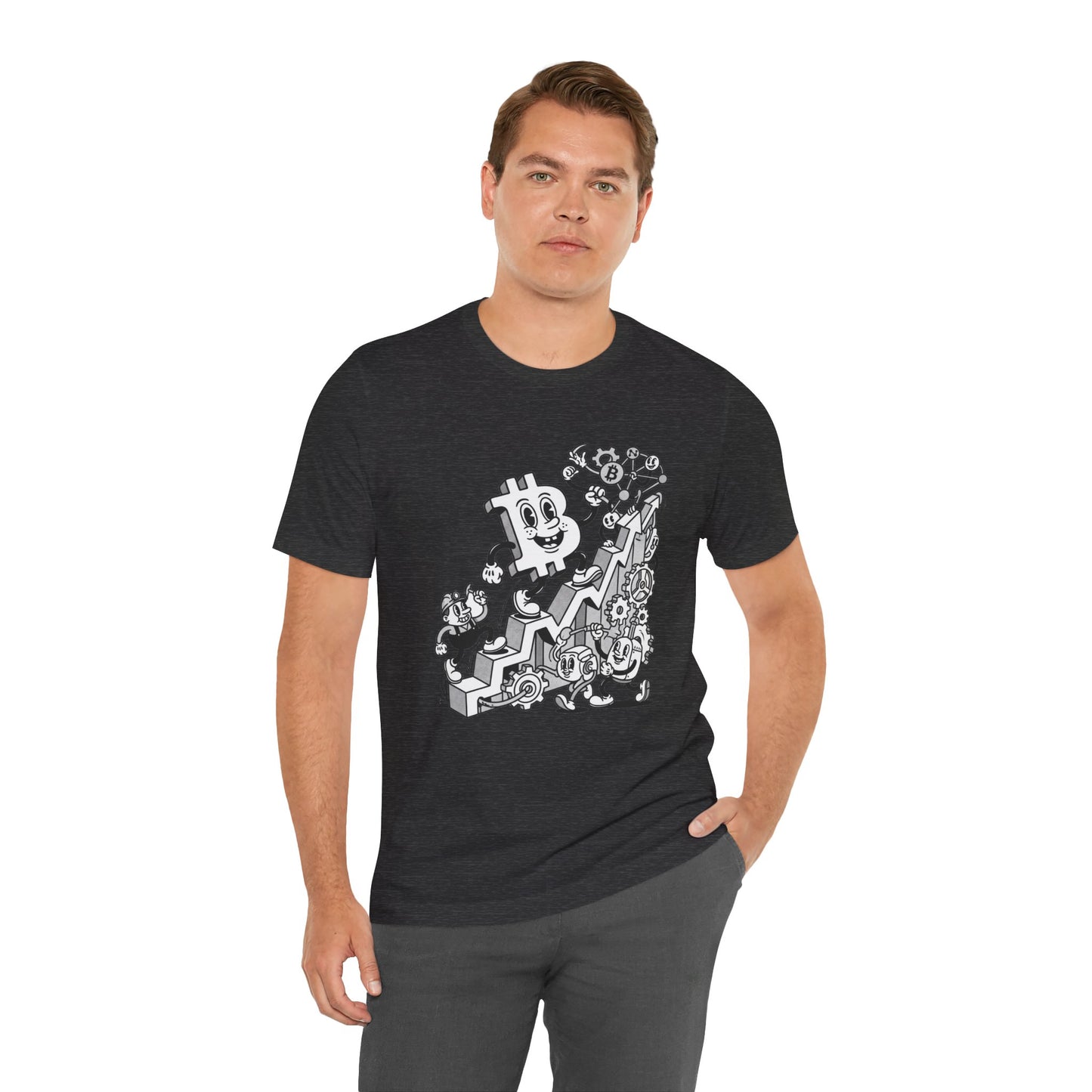 Bitcoin Growth Cartoon Tee — Crypto Stairs Illustration T-Shirt