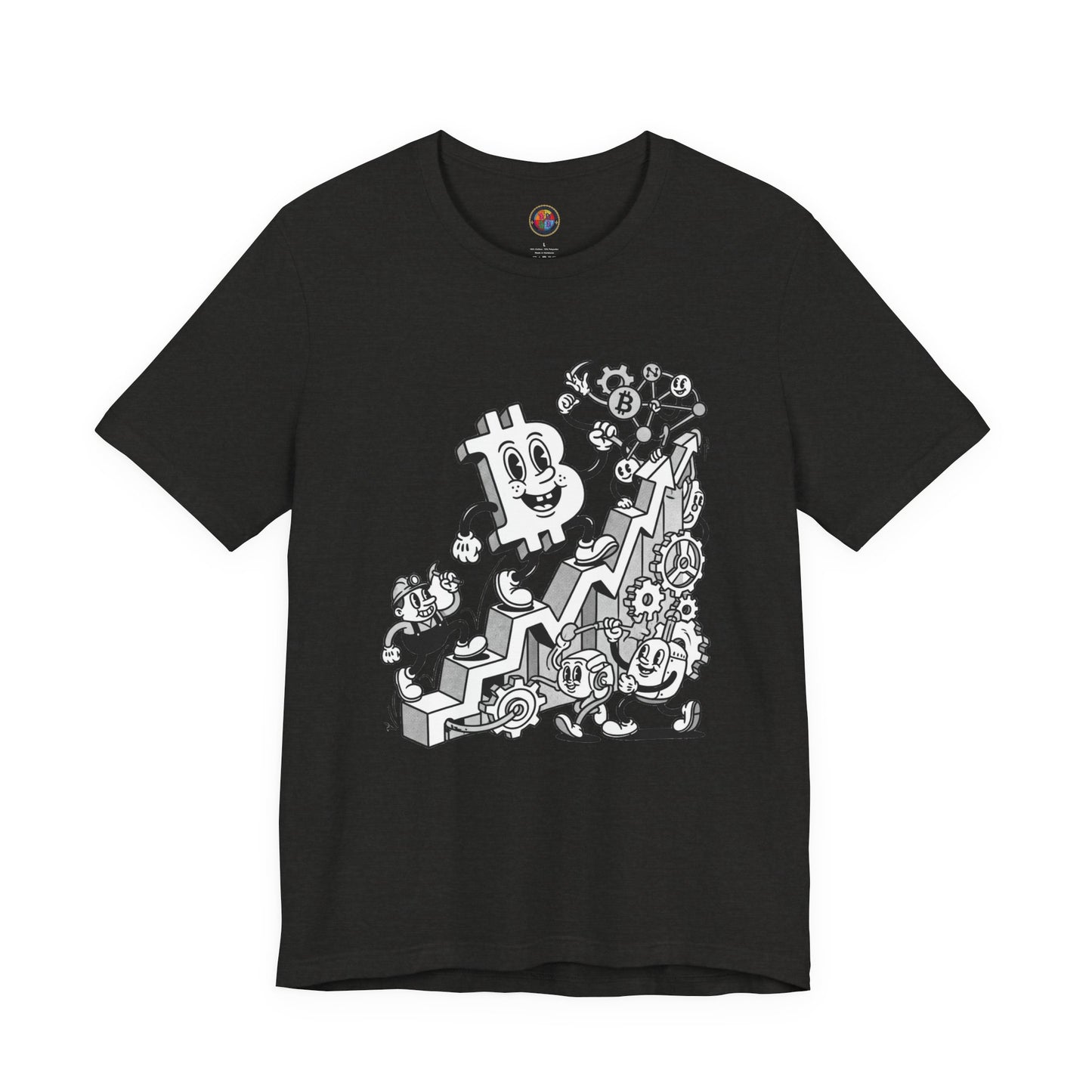 Bitcoin Growth Cartoon Tee — Crypto Stairs Illustration T-Shirt