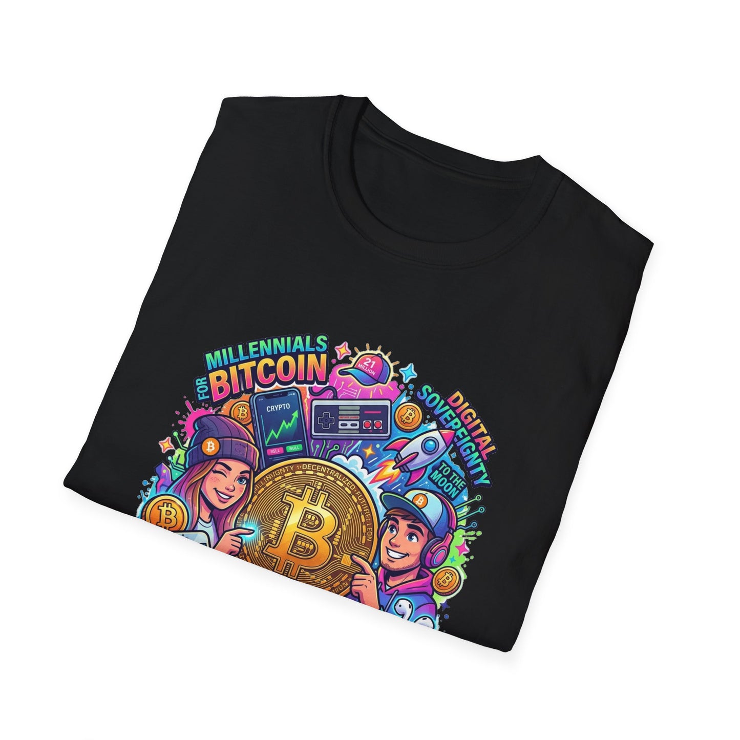Bitcoin Millennial Crypto Crew T‑Shirt — Colorful Crypto Mining Graphic Tee