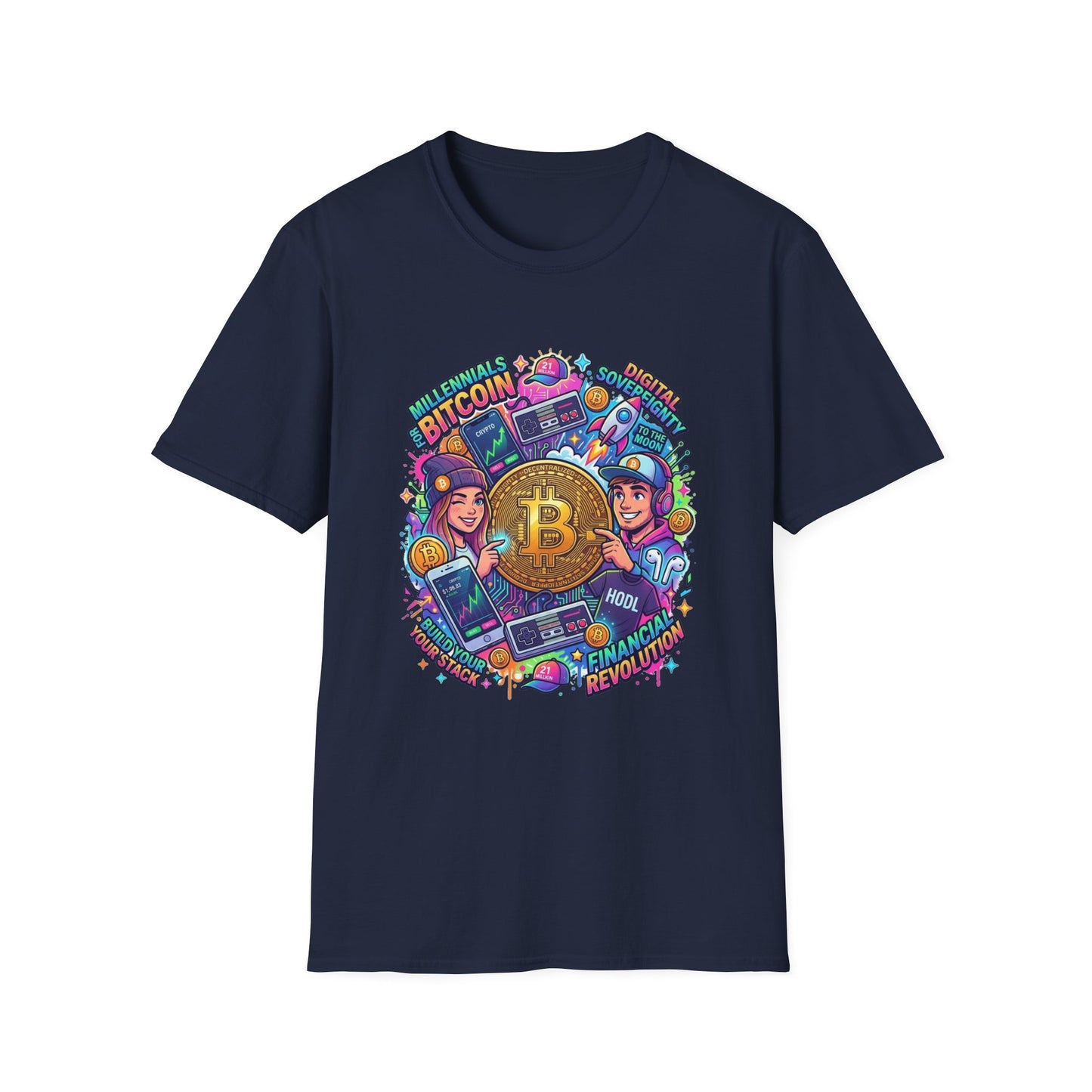 Bitcoin Millennial Crypto Crew T‑Shirt — Colorful Crypto Mining Graphic Tee