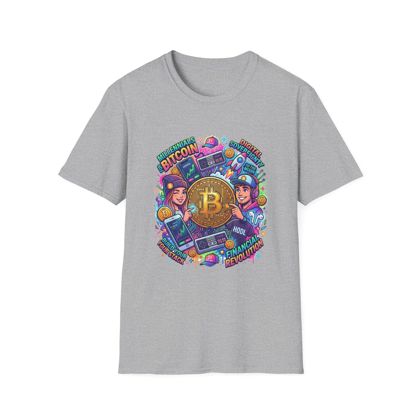 Bitcoin Millennial Crypto Crew T‑Shirt — Colorful Crypto Mining Graphic Tee