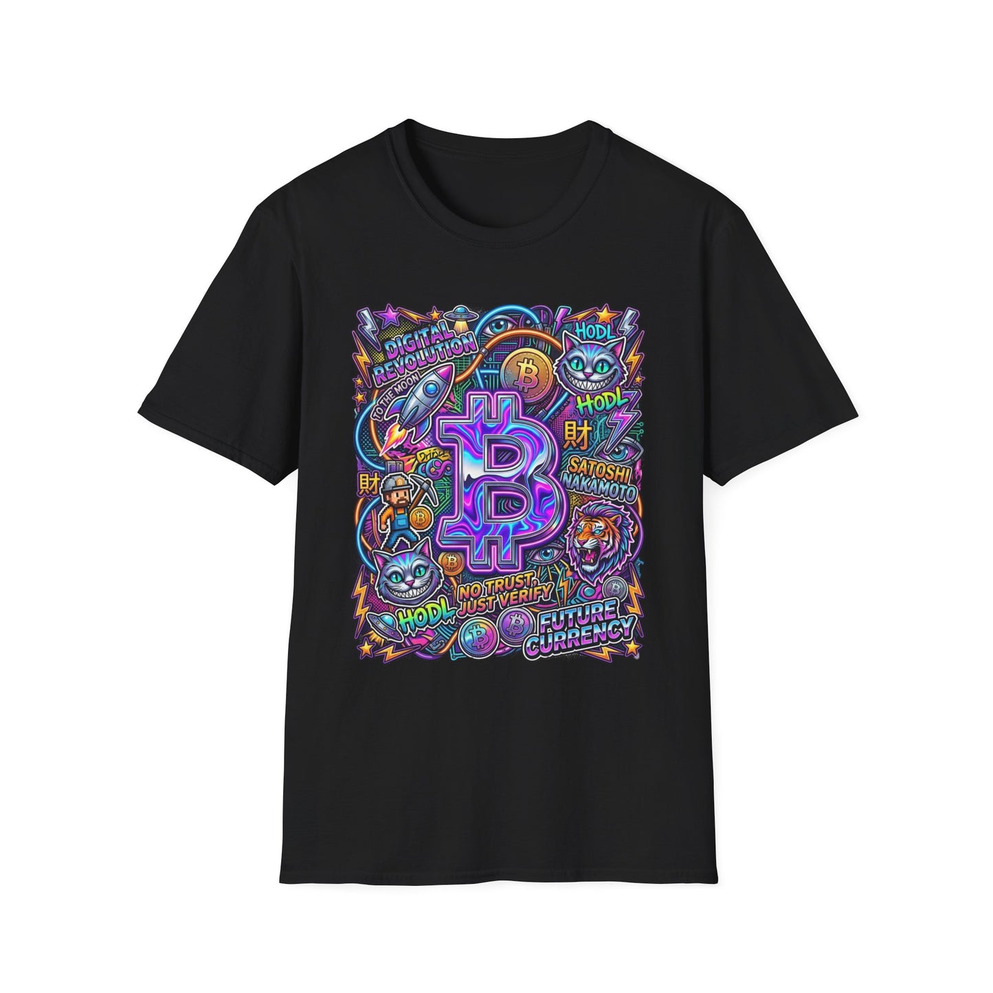 Bitcoin Electric Crypto Art T-Shirt — HODL, BTC Neon Graphic Tee