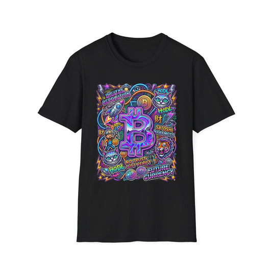 Bitcoin Electric Crypto Art T-Shirt — HODL, BTC Neon Graphic Tee