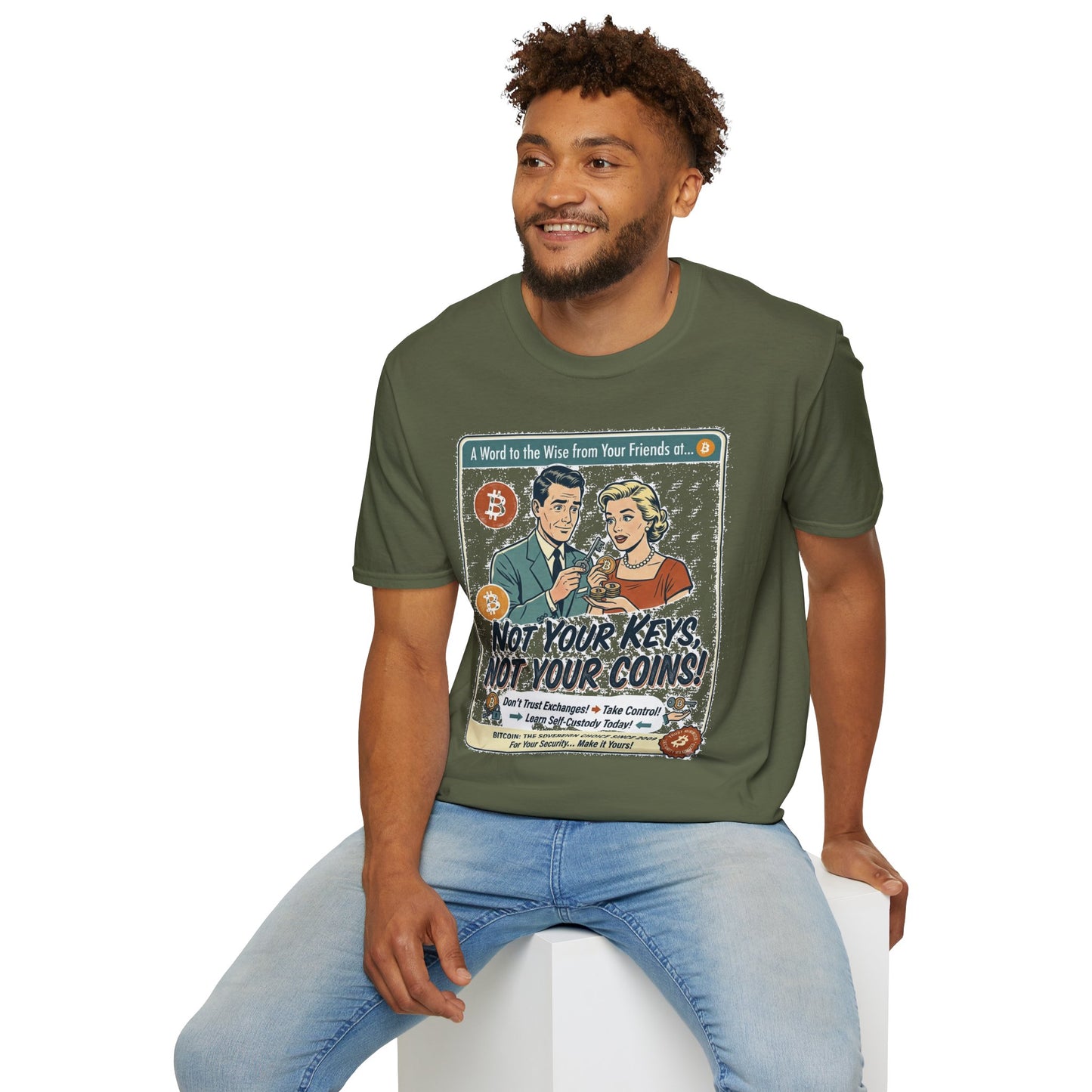 Bitcoin Retro Safety Tee — "Not Your Keys, Not Your Coins!"