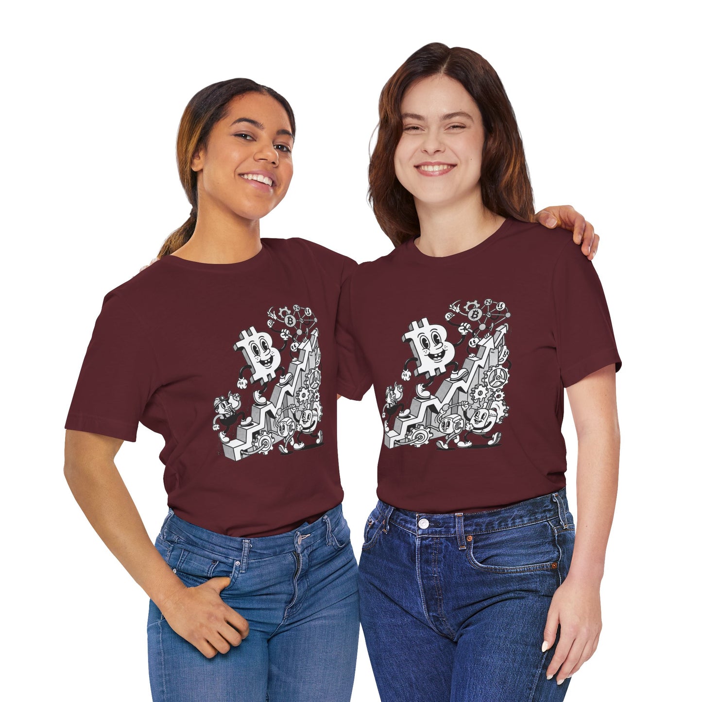 Bitcoin Growth Cartoon Tee — Crypto Stairs Illustration T-Shirt