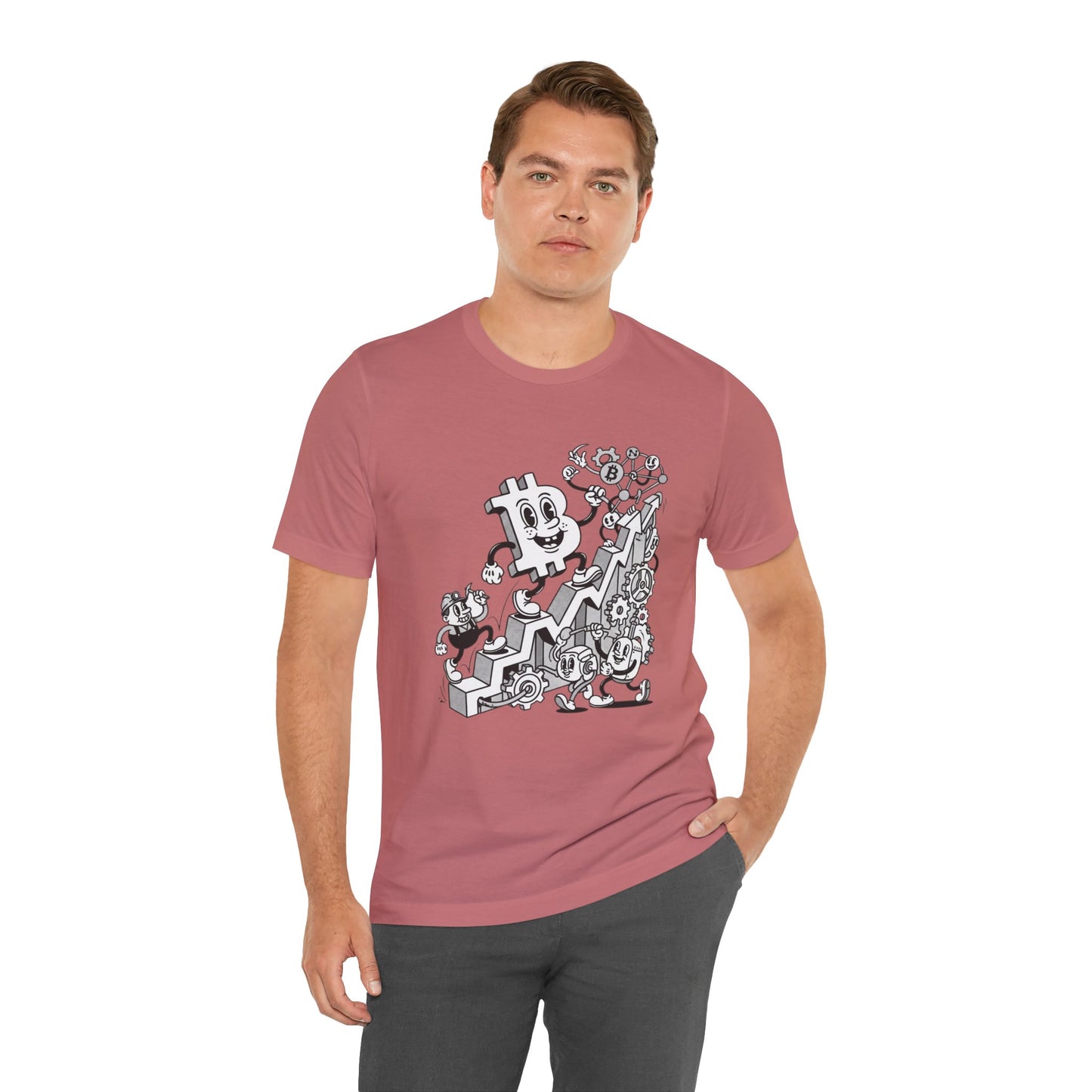 Bitcoin Growth Cartoon Tee — Crypto Stairs Illustration T-Shirt