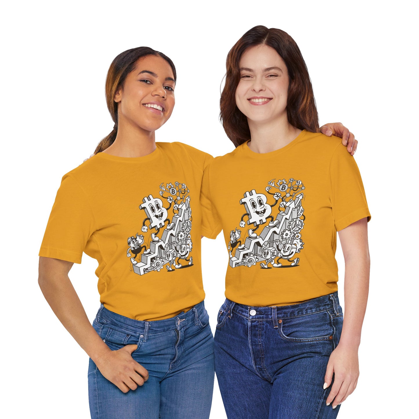 Bitcoin Growth Cartoon Tee — Crypto Stairs Illustration T-Shirt