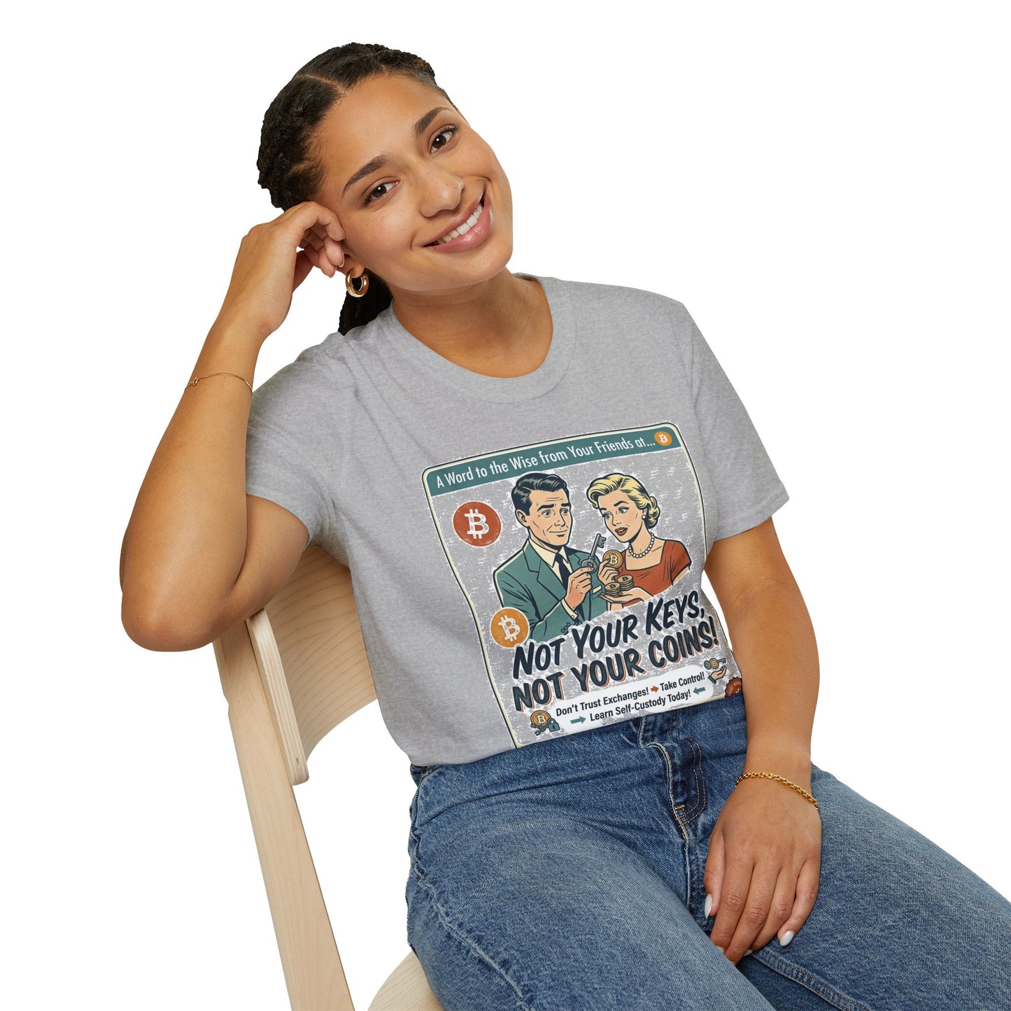 Bitcoin Retro Safety Tee — "Not Your Keys, Not Your Coins!"