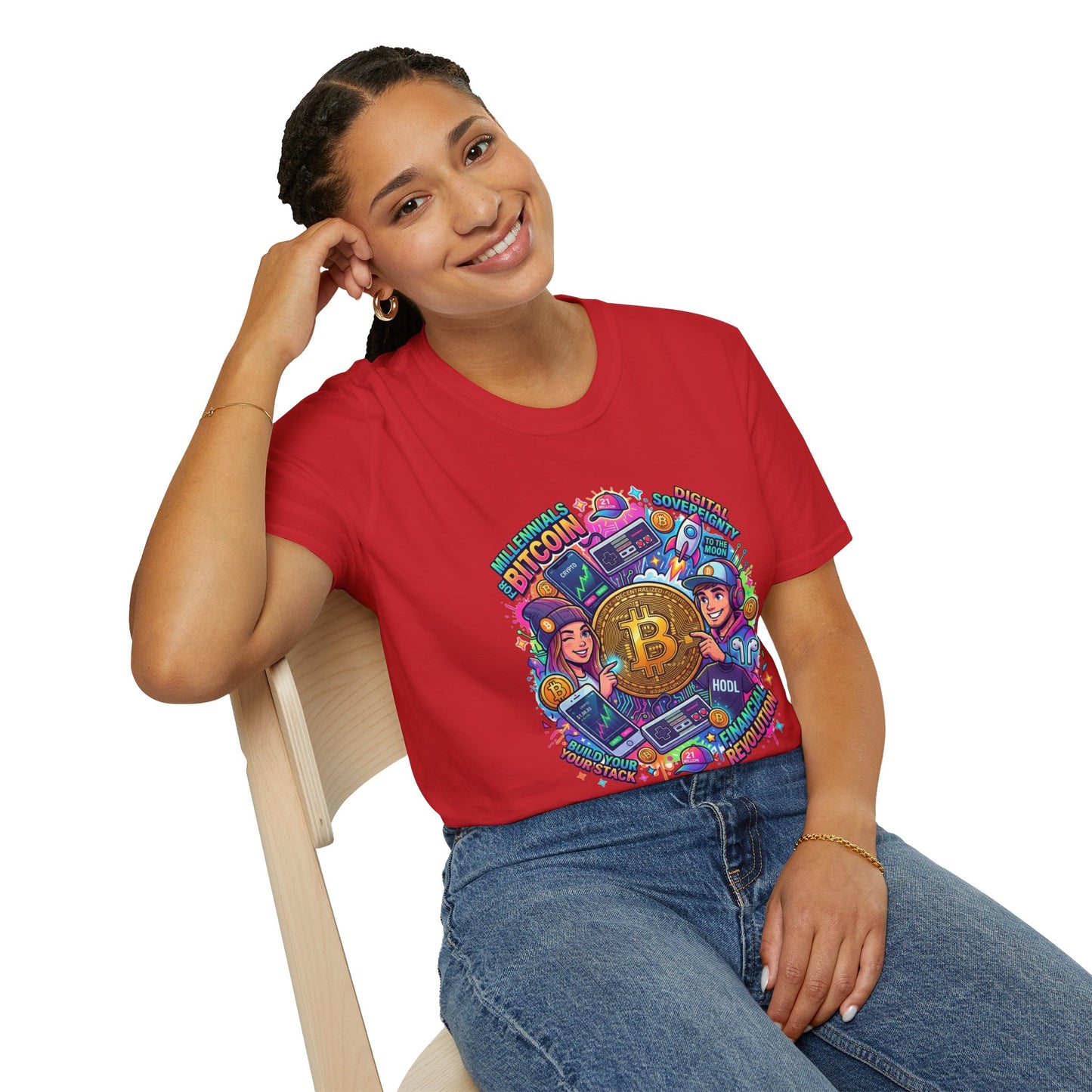 Bitcoin Millennial Crypto Crew T‑Shirt — Colorful Crypto Mining Graphic Tee