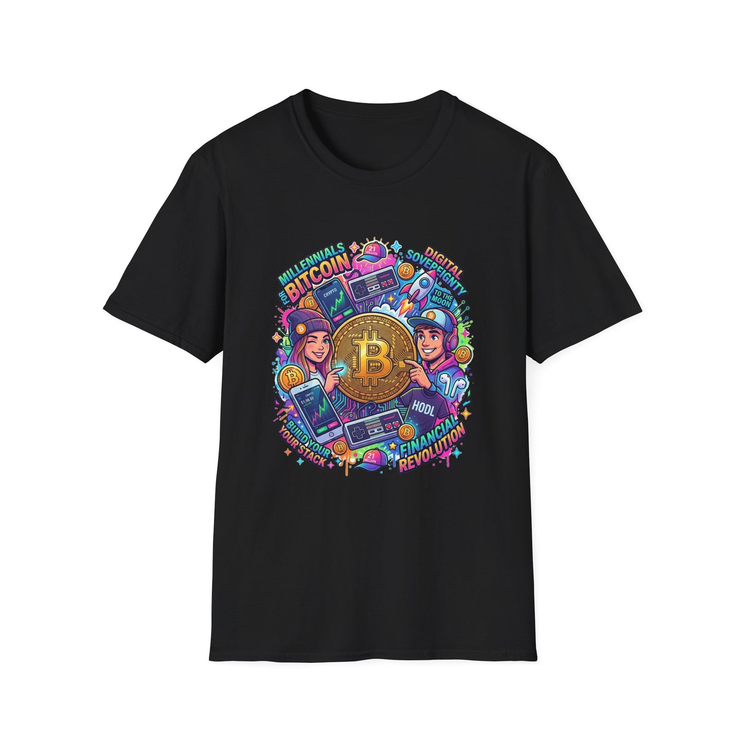 Bitcoin Millennial Crypto Crew T‑Shirt — Colorful Crypto Mining Graphic Tee
